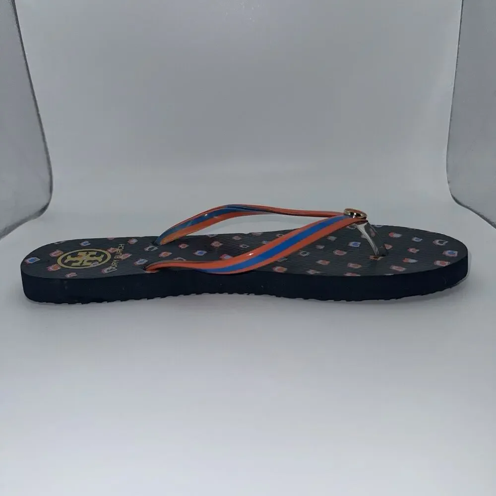 Tory Burch Navy Orange Blue Printed Logo Flip Flops Women’s Sandals